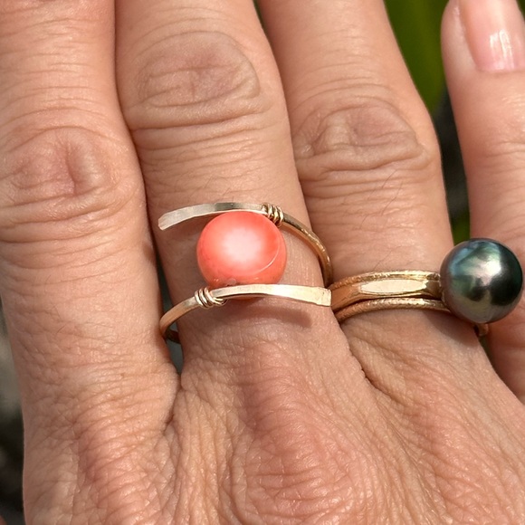 992. Gold filled Hammered wire wrapped Pink Coral Ring Made on Maui - Picture 5 of 10